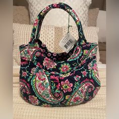 Nwt Great For Everyday Use Bright And Colorful All Cloth Feels Like Cotton No Inside Pocket Colors Are Pink, Green, White And Red On A Black Background. Dimensions: 10.5" W (Top) 12" W (Bottom) 8" H X 4" D 6” Handle Drop Multicolor Rectangular Bag With Paisley Print, Everyday Use Bags With Paisley Print, Casual Multicolor Paisley Print Bags, Mini Tote, White And Red, Beautiful Bags, Womens Tote Bags, Black Background, Vera Bradley