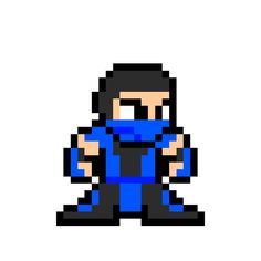 an image of a pixellated man with a blue mask and black bodysuit on