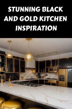 Stunning black and gold kitchen with marble countertops and modern lighting fixtures. Gold Kitchen Decor Ideas, Black And Gold Kitchen Decor, Gold Range Hood, Gold Kitchen Decor, Black And Brass Kitchen, Black And Gold Kitchen, Black And Gold Accents, Nevada Homes, Gold Light Fixture