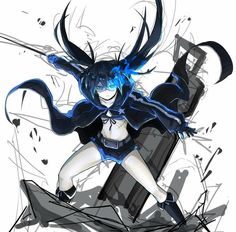 an anime character with blue hair and black clothes