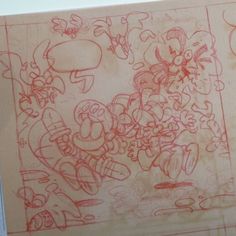 a drawing of mario and luigi in red ink on brown paper with other characters around it