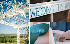 the wedding decorations and rings are arranged in different pictures, including an arch with ribbons on it