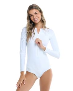 Our Channel Long Sleeve one-piece is a water-friendly bodysuit that can be worn in and out of the water. The sporty cross-over style has raglan long sleeves, a zip-front detail, crew neck, flatlock seams, and medium back coverage. Its UPF 50 fabric protects against the sun's rays. One-piece w/ Long Sleeves Long sleeves Zip-up front Flatlock seams Mid-coverage UPF 50+ protective fabric 80% nylon, 20% Spandex Cross-over style can be worn in and out of the water No bust padding White Rash Guard With Upf 50+ For Poolside, White Stretch Rash Guard With Upf 50+, White Stretch Rash Guard Upf 50+, White Upf 50+ Rash Guard For Poolside, Long Sleeve Athleisure Swimwear With Upf 50+, Long Sleeve Upf 50+ Swimwear For Athleisure, Quick-dry Long Sleeve Swimwear For Swimming, White Stretch Rash Guard For Swimming, White Long Sleeve Rash Guard For Pool