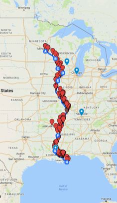 a map with red and blue dots on it that shows the route from washington to texas