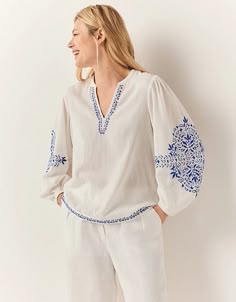 Organic Cotton Embroidered Blouse | Tops & Blouses | The White Company US Blouse Casual Fashion, Linen Shirts Women, Ladies Shirt, Designer Party Wear Dresses, White Company, Elegant Blouses, Embroidered Clothes, Blouse Tops