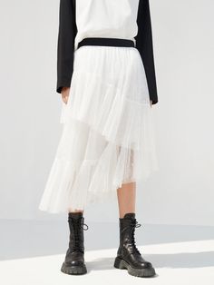 MO&Co. Women's Elasticated Ruffle Laced Skirt Features : - Midi length with a flowy fit- Elasticated waist- Asymmetrical, tulle ruffle layers design Code: MBC1SKTT11The back length of size S is 82cmMATERIALS & CARE Material: 100% PolyesterGentle machine wash below 30°CDo not bleach, hang to dry in the shadeDo not tumble dry, do not ironDo not dry clean, do not soakDo not rub, wash separately in mesh bagWash with neutral detergentPlease select your own size in the size chart according to your fig White Lace Skirt, Black Lace Skirt, Lace Midi Skirt, Lace Midi, Black Xs, Layers Design, White Skirts, Midi Length, Fig