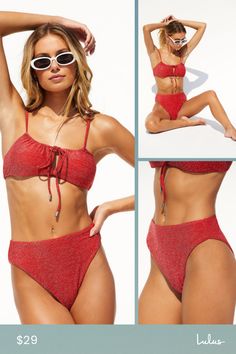 We've been waiting all season to bring out the Lulus Seafront Stunner Red Sparkly High-Rise Bikini Bottoms and are ready to shine all summer long! Stretchy tricot knit, with shiny silver lurex threading throughout, shapes these sensational swim bottoms that feature a high-rise silhouette, trendy high-cut legs, and cheeky bottom coverage at back. PLEASE NOTE: Swimwear returned without the hygienic liner is non-refundable. Fit: This garment fits true to size. Length: Size medium measures 11.25" fr