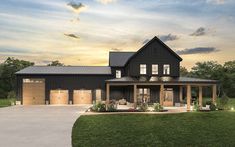 a large black house sitting on top of a lush green field