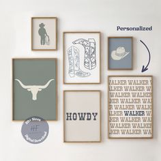 a wall with many framed pictures on it and an arrow pointing to the word howdy