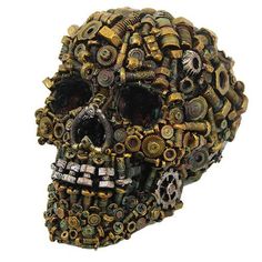 a close up of a skull made out of gears