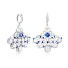 Ross-Simons - Opal, 3.50ct t. w. Sapphire, 1.80ct t. w. Diamond Chandelier Earrings. This ornate pair of chandelier earrings is the icy finishing touch that will complete a winter wardrobe or cool down a summer sundress. They feature snowy 4-5mm round and 8x6mm pear-shaped opal cabochons, with bold 3.50 ct. t. w. round sapphires and shimmery 1.80 ct. t. w. round brilliant-cut diamond borders as decor. Crafted in 18kt white gold. Hanging length is 2". Hinged post, diamond, sapphire and opal chand Diamond Chandelier Earrings, Diamond Chandelier, Opal Birthstone, Round Sapphire, Summer Sundress, Fine Jewelery, Sapphire Diamond, Round Brilliant Cut Diamond, Chandelier Earrings