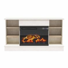 an electric fireplace with the fire burning in it's side and shelves on either side