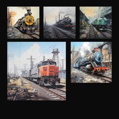 four pictures of trains on train tracks in different stages of being painted with oil and acrylic paint