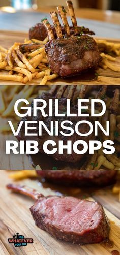 grilled venison rib chops on a cutting board with french fries in the background