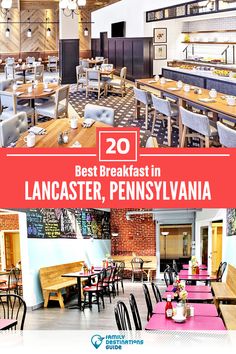 the interior of a restaurant with tables and chairs in front of an advertisement for 20 breakfast in lancaster, pennsylvania