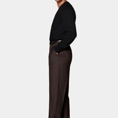 These dark brown trousers feature a wide leg straight fit, offering a roomier feel through the hip and thigh with a classic wide leg opening. Finished with belt loops, single pleat, and slanted side pockets. Brown Work Pants With Welt Pockets For Business Casual, Brown Business Dress Pants With Welt Pockets, Business Casual Brown Work Pants With Welt Pockets, Tailored Brown Pants For Business Casual, Brown Straight Pants For Business Casual, Brown Straight Business Casual Pants, Tailored Brown Pants For Business, Brown High-waisted Dress Pants With Welt Pockets, Semi-formal Brown Bottoms For Fall