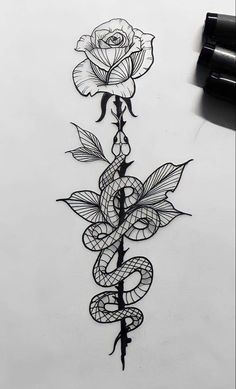 a drawing of a rose and snake on paper with marker pens next to it,