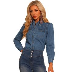 Looking for a stylish and comfortable denim shirt? The Allegra K Denim Shirt for Women is an excellent choice. With a button-down design, turn-down collar, and long sleeves, this shirt is perfect for summer wear. The soft denim fabric is lightweight and comfortable, making it a great choice for any casual occasion. The unique puff shoulder design creates a flattering silhouette and adds a touch of sophistication to your outfit. The shirt also features two functional chest pockets, making it both Belly Shirts, Long Sleeve Denim Shirt, Womens Flannel Shirt, Blouse Jeans, Puff Long Sleeves, Plaid Flannel Shirt, Work Blouse, Blue Outfit, Womens Clothing Sizes