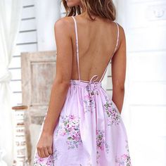 jukpop.com Boho Sexy Halter Deep V Neck Backless Strappy Floral Beach Elastic Dress Evening Party Sundress S-XXL JKP1508 Pink Backless Sundress For Beach, Pink Backless Sundress For Vacation, Backless Pink Sundress For Beach, Backless Pink Sundress For The Beach, Backless Pink Sundress For Beach Season, Pink Floral Print Backless Sundress, Flirty Backless Dress For Beach, Pink Mini Dress For Summer Beach Party, Backless Beach Dress For Spring Party