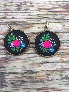 Embroidered earrings, OOAK, herbs, wildflowers, meadow, bohemian, hippie, retro jeweller, black, bra Bohemian Floral Embroidery Earrings For Gifts, Bohemian Floral Embroidered Earrings As Gift, Black Embroidered Bohemian Jewelry, Bohemian Black Embroidered Jewelry, Embroidered Earrings, Bohemian Hippie, Black Bra, Hand Embroidered, Wild Flowers