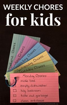 a stack of papers with the words weekly chores for kids written on them in different colors