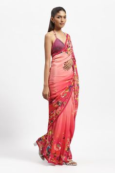 Red pearl saree featuring rose print all over embellished with sequin work. Comes with a running blouse piece. - Aza Fashions Pearl Saree, Embellished Saree, Satya Paul, Peach Saree, Red Pearl, Blouse For Women, Sequin Fabric, Red Silk, Printed Sarees