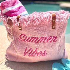 Carey All Your Summer Essentials In Style With This Cute Pink Tote Bag! This Durable Tote Features Summer Vibes Embroidered Across The Front, Fringe Around The Top, Double Handles And Super Spacious To Fit Everything In One Convenient Bag. Casual Pink Beach Bag For The Weekend, Casual Pink Beach Bag For Weekend, Pink Embroidered Beach Bag, Summer Pink Embroidered Bags, Trendy Embroidered Summer Bag, Summer Vibes Pink, Pink Beach Bag, Pink Tote Bag, Front Fringe