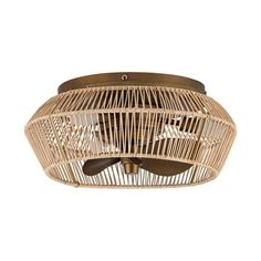 a ceiling light with a rattan design on the front and back sides, hanging from an iron rod