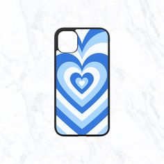 a blue and white heart phone case on top of a marble surface with the words love in