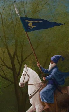 a painting of a man riding on the back of a white horse holding a blue flag