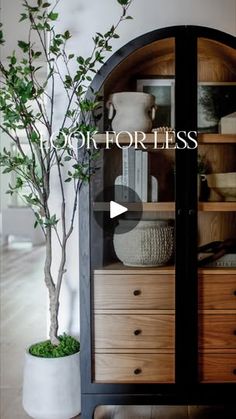 a wooden cabinet sitting next to a potted plant