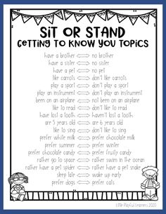 a poster with the words st or stand getting to know you topics in black and white