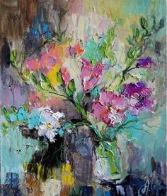 a painting of flowers in a vase on a table