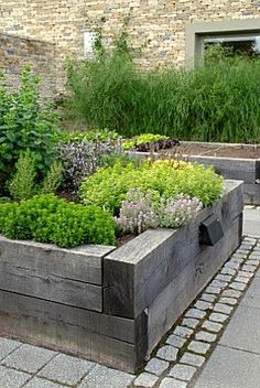 a wooden box filled with lots of plants