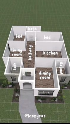 an aerial view of a house with all the rooms labelled and labeled in white letters