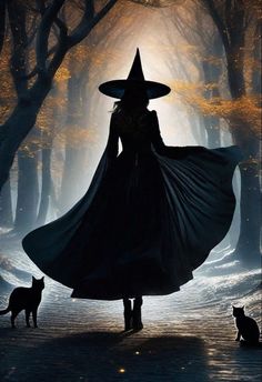 a woman in a witch costume walking down a path with her cat on the other side