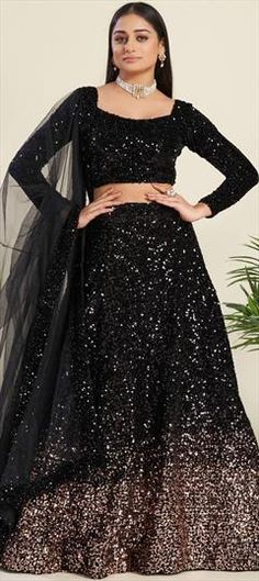 Black and Grey color Lehenga in Velvet fabric with Sequence, Thread work Black Sequin Lehenga, Sequence Lehenga, Black Lehenga Choli, Indian Wedding Lehenga, Velvet Lehenga, Black Lehenga, Indian Lehenga Choli, Reception Lehenga, Floral Lehenga