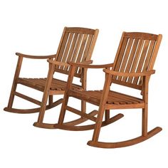 two wooden rocking chairs sitting next to each other on top of a white background,