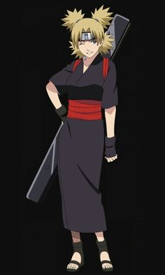 the character naruta is holding a baseball bat and wearing a black dress with red accents