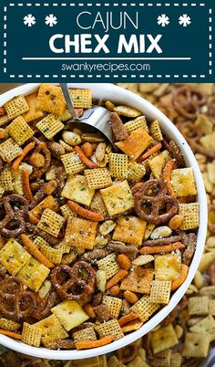 a bowl full of chex mix with the title in the middle and an image above it