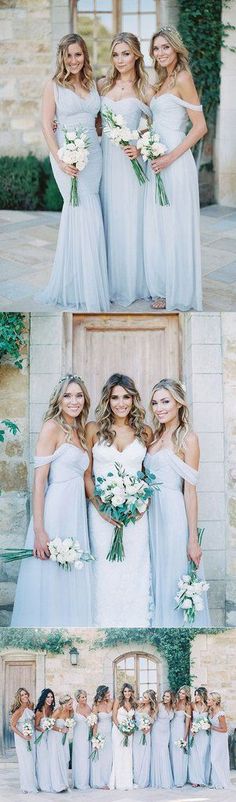 the bridesmaids are posing for pictures in their wedding gowns and bouquets