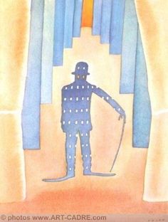 a drawing of a man standing in front of a curtain with his skis on