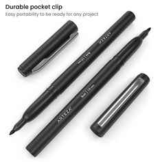 three pens and one pen are shown with the words, dura pocket clip easy probably to be ready for any project