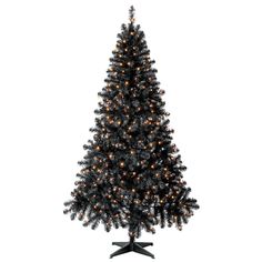 a black christmas tree with white lights on it