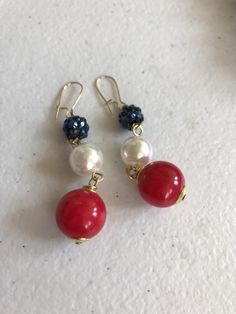 Triple bead drop earrings in red white and blue.  Great for the 4th and beyond. Great gift. Thanks for looking!! Red Round Pearl Drop Earrings, Red Pearl Drop Round Earrings, Red Dangle Earrings For 4th Of July, Red Dangle Jewelry For 4th Of July, Blue Patriotic Drop Earrings, Patriotic Blue Drop Earrings, Patriotic Drop Earrings For 4th Of July, Red Beaded Earrings For 4th Of July, Blue Ear Wire Jewelry For 4th Of July