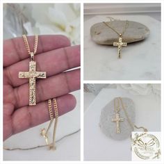 Gold Crucifix Necklace, Fancy Diamond Cut Crucifix Necklace, 14k Heavy Plated Gold, 2mm Curb Chain, Lifetime Replacement Guarantee #CrossNecklace #CrucifixForWomen #GoldCrucifix #NecklaceForBaptism #WomenCrossNecklace #CrucifixNecklace #GoldCrossNecklace #14kGoldCrucifix #GoldCrossPendant #GoldCrossChain Gold Crucifix Necklace, Necklace Fancy, Crucifix Necklace, Good Luck Bracelet, Oak Forest, Gold Cross Necklace, Gold Cross Pendant, Elephant Charm, Fancy Diamonds