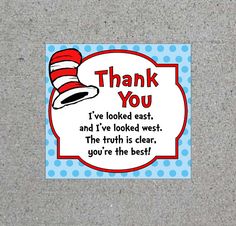 the cat in the hat thank you sticker is shown on a gray surface with blue polka dots