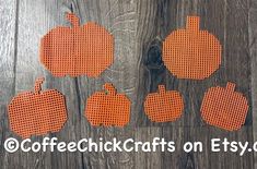 an image of pumpkins made out of perfored mesh on wooden background with coffee chick crafts on etsy