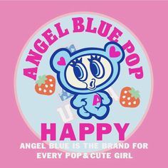 an angel blue poop happy logo on a pink background