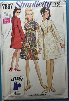 an old sewing pattern with two women's dresses and one woman's coat